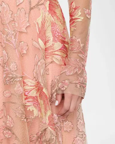 Naeem Khan Metallic Floral Embroidered Long-Sleeve Illusion Gown | Thumbnail 4
