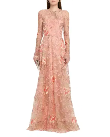 Naeem Khan Metallic Floral Embroidered Long-Sleeve Illusion Gown | Thumbnail 1