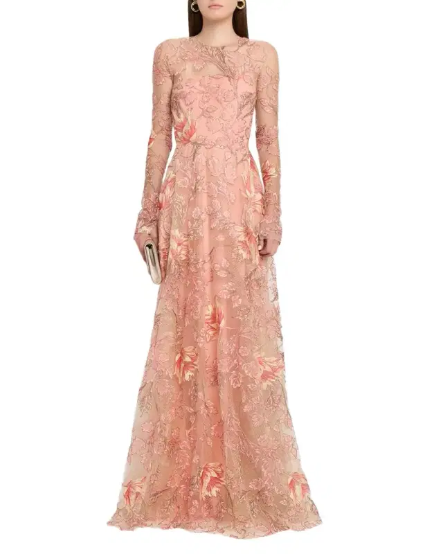 Metallic Floral Embroidered Long-Sleeve Illusion Gown