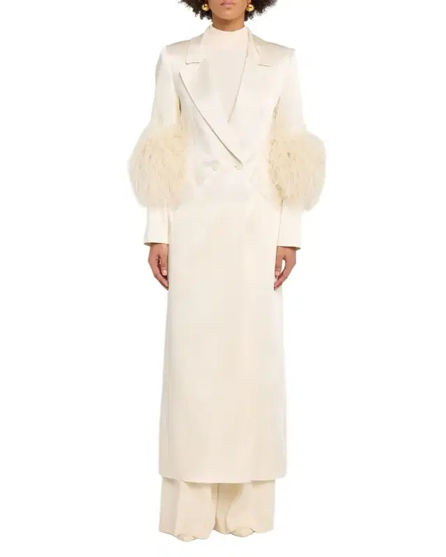 LAPOINTE Feather-Trim Satin Double Breasted Long Coat
