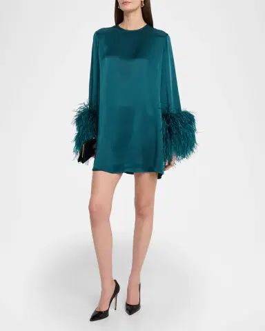 LAPOINTE Satin Feather-Cuff Shift Dress | Thumbnail 4 LAPOINTE Satin Feather-Cuff Shift Dress | Thumbnail 4