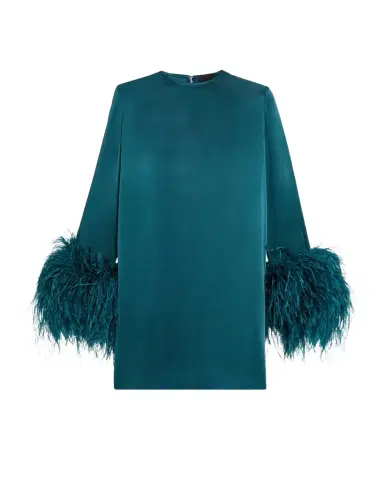 LAPOINTE Satin Feather-Cuff Shift Dress | Thumbnail 1 LAPOINTE Satin Feather-Cuff Shift Dress | Thumbnail 1