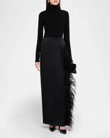 LAPOINTE Feather-Trimmed Slit Satin Maxi Skirt | Thumbnail 2 LAPOINTE Feather-Trimmed Slit Satin Maxi Skirt | Thumbnail 2