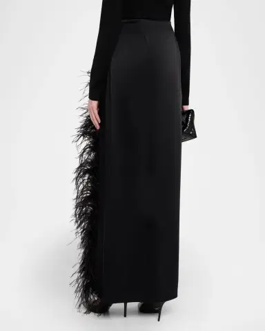 LAPOINTE Feather-Trimmed Slit Satin Maxi Skirt | Thumbnail 3 LAPOINTE Feather-Trimmed Slit Satin Maxi Skirt | Thumbnail 3