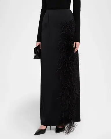 LAPOINTE Feather-Trimmed Slit Satin Maxi Skirt | Thumbnail 4 LAPOINTE Feather-Trimmed Slit Satin Maxi Skirt | Thumbnail 4