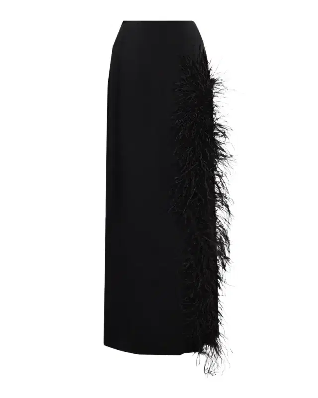 Feather-Trimmed Slit Satin Maxi Skirt