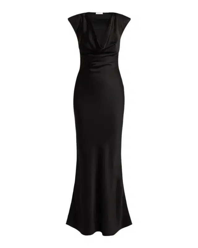 Tefra Cowl-Neck Satin Strong-Shoulder Maxi Dress