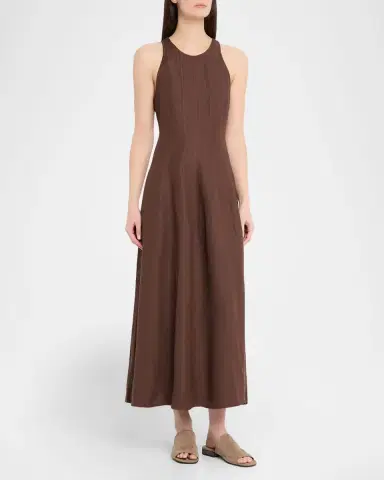 Brunello Cucinelli Paneled Fluid Linen Twill Sleeveless Midi Dress | Thumbnail 3