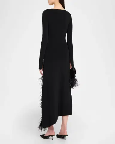 LAPOINTE Feather-Trim Long-Sleeve Matte Viscose Midi Dress | Thumbnail 2 LAPOINTE Feather-Trim Long-Sleeve Matte Viscose Midi Dress | Thumbnail 2