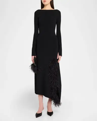 LAPOINTE Feather-Trim Long-Sleeve Matte Viscose Midi Dress | Thumbnail 3 LAPOINTE Feather-Trim Long-Sleeve Matte Viscose Midi Dress | Thumbnail 3