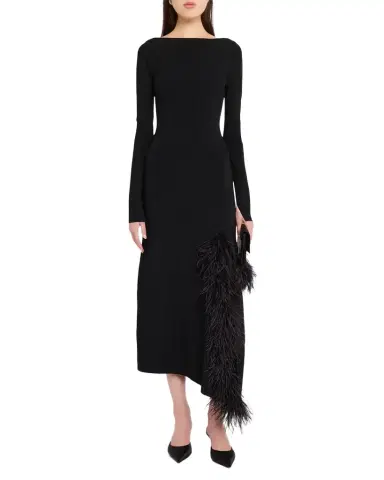 LAPOINTE Feather-Trim Long-Sleeve Matte Viscose Midi Dress | Thumbnail 1 LAPOINTE Feather-Trim Long-Sleeve Matte Viscose Midi Dress | Thumbnail 1