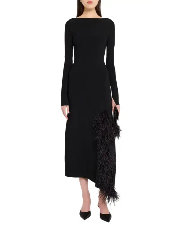 Feather-Trim Long-Sleeve Matte Viscose Midi Dress