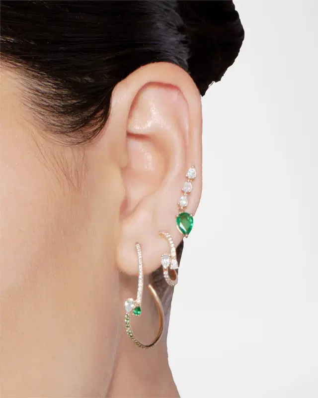 Green Emerald and Pear Diamond Ear Crawlers