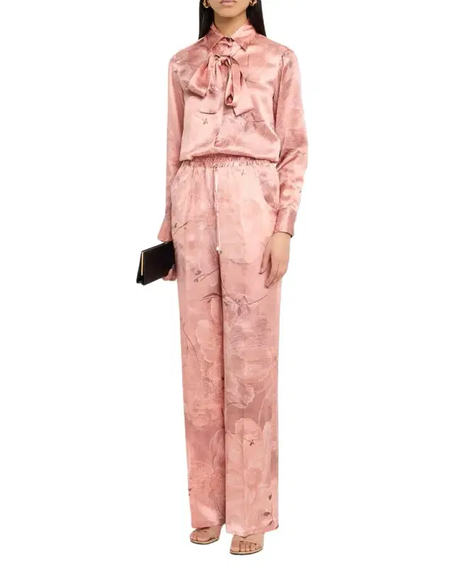 Floral Silk Straight-Leg Pull-On Pants