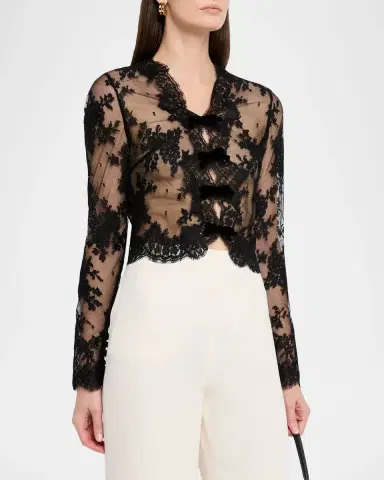 Valentino Garavani Mock-Neck Sheer Lace Long-Sleeve Top | Thumbnail 12