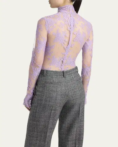Valentino Garavani Mock-Neck Sheer Lace Long-Sleeve Top | Thumbnail 3