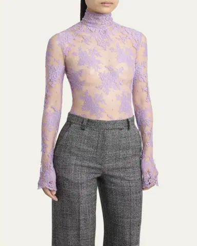 Valentino Garavani Mock-Neck Sheer Lace Long-Sleeve Top | Thumbnail 4