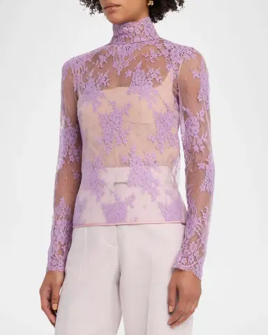 Valentino Garavani Mock-Neck Sheer Lace Long-Sleeve Top | Thumbnail 8