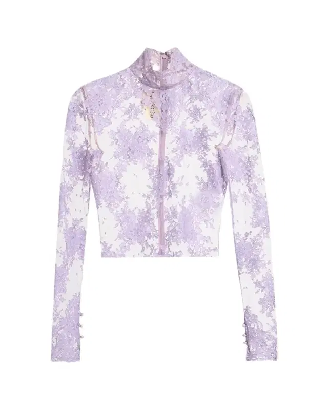 Mock-Neck Sheer Lace Long-Sleeve Top