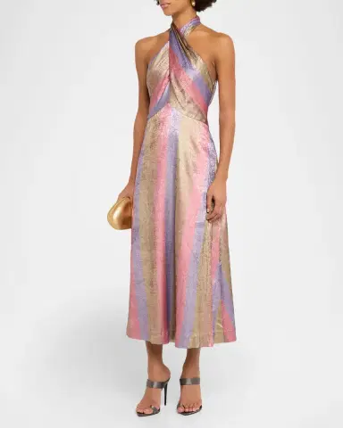 Mestiza New York Copacabana Metallic Striped Halter Midi Dress | Thumbnail 3 Mestiza New York Copacabana Metallic Striped Halter Midi Dress | Thumbnail 3