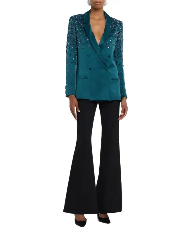 Crystal Embroidered Satin Double-Breasted Blazer