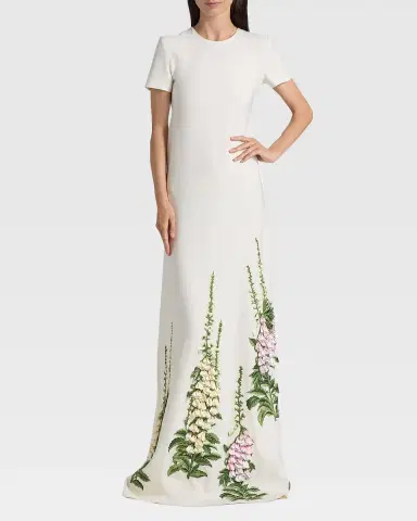 Oscar de la Renta Cap-Sleeve Foxglove Embroidered Maxi Caftan Dress | Thumbnail 3 Oscar de la Renta Cap-Sleeve Foxglove Embroidered Maxi Caftan Dress | Thumbnail 3