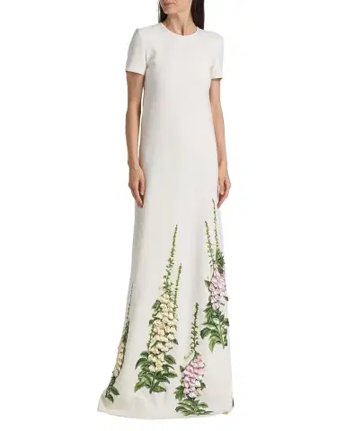 Oscar de la Renta Cap-Sleeve Foxglove Embroidered Maxi Caftan Dress | Thumbnail 1 Oscar de la Renta Cap-Sleeve Foxglove Embroidered Maxi Caftan Dress | Thumbnail 1