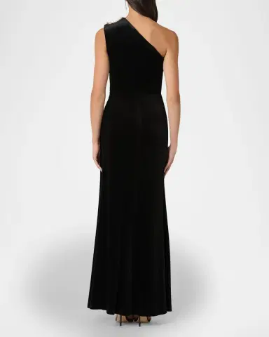 Shoshanna Ola Pleated One-Shoulder Stretch Velvet Gown | Thumbnail 2 Shoshanna Ola Pleated One-Shoulder Stretch Velvet Gown | Thumbnail 2