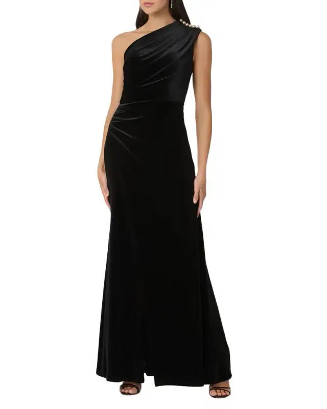 Shoshanna Ola Pleated One-Shoulder Stretch Velvet Gown