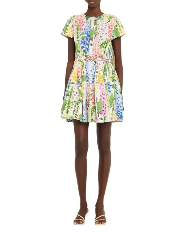 Cap-Sleeve Multi Foxgloves Poplin Mini Dress
