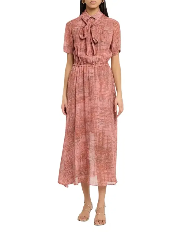 Check Silk Chiffon Short-Sleeve Midi Shirtdress