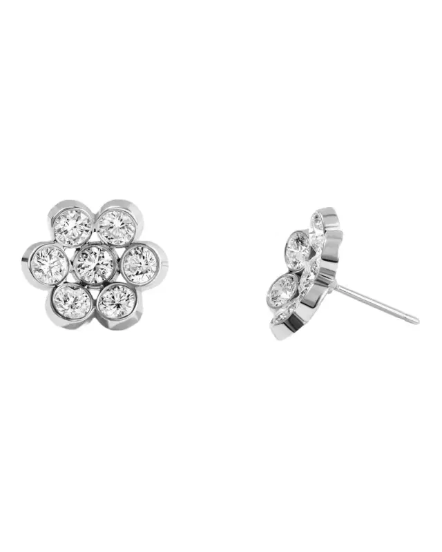18K White Gold 14 Diamond Flower Stud Earrings, 1.96tcw