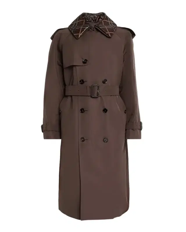 Men 's Leather-Check Collar Silk and Cotton Trench Coat