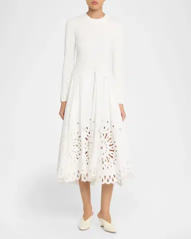 SIMKHAI Daila Eyelet-Embroidered Mixed Media Midi Dress | Thumbnail 2 SIMKHAI Daila Eyelet-Embroidered Mixed Media Midi Dress | Thumbnail 2