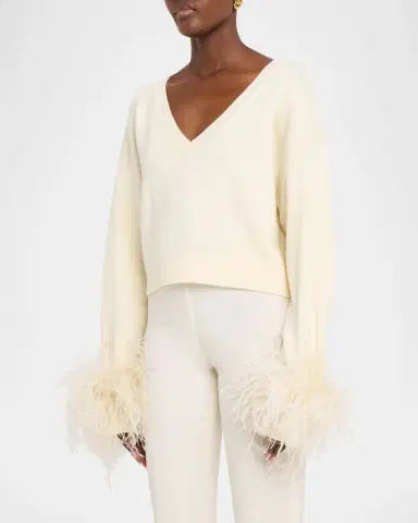 Lapointe Merino Wool V-Neck Crop Sweater With Feather Cuffs | Thumbnail 3 Lapointe Merino Wool V-Neck Crop Sweater With Feather Cuffs | Thumbnail 3