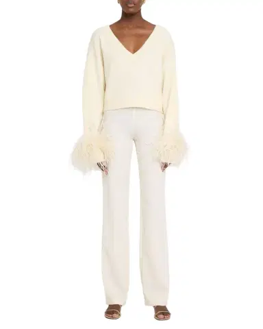 Lapointe Merino Wool V-Neck Crop Sweater With Feather Cuffs | Thumbnail 1 Lapointe Merino Wool V-Neck Crop Sweater With Feather Cuffs | Thumbnail 1