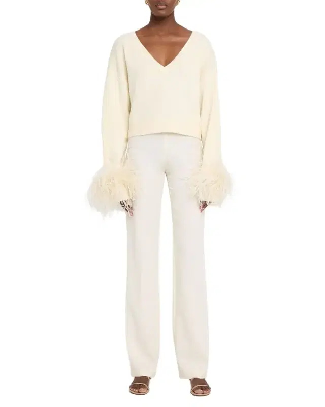 LAPOINTE Merino Wool V-Neck Crop Sweater With Feather Cuffs