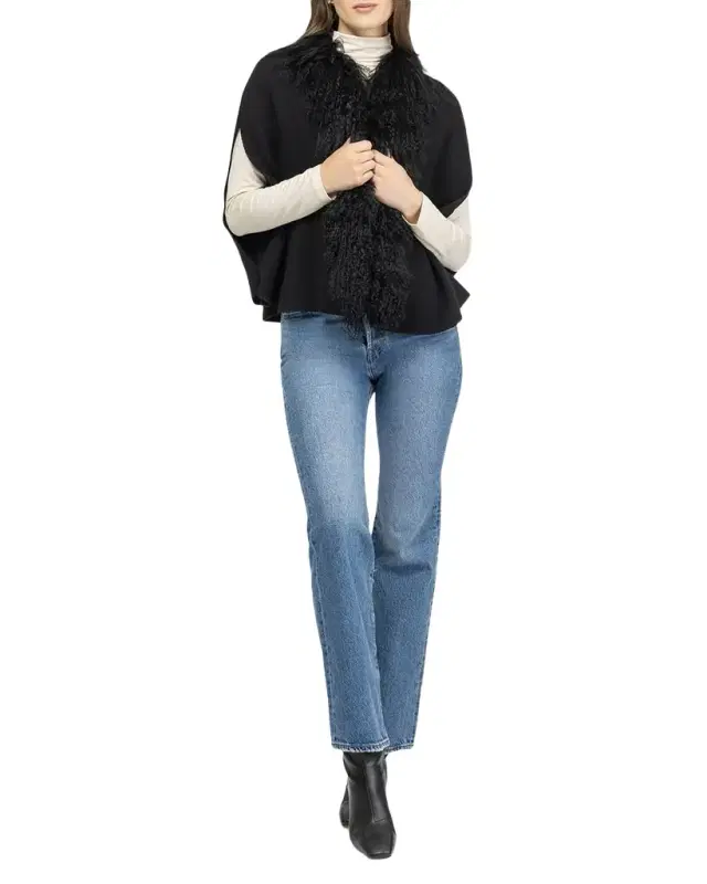 Merino Wool-Blend Cape with Select Mongolian Trim