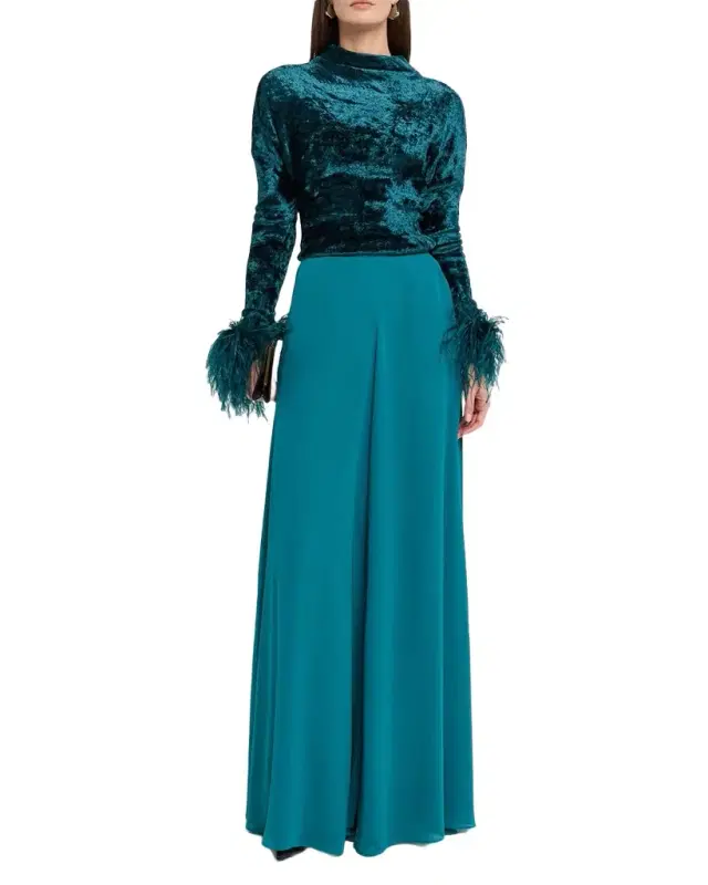 Velvet Dolman-Sleeve Feather-Cuff Top