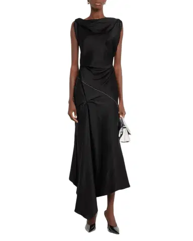 Victoria Beckham Asymmetric Draped Sleeveless Satin Midi Dress | Thumbnail 1 Victoria Beckham Asymmetric Draped Sleeveless Satin Midi Dress | Thumbnail 1