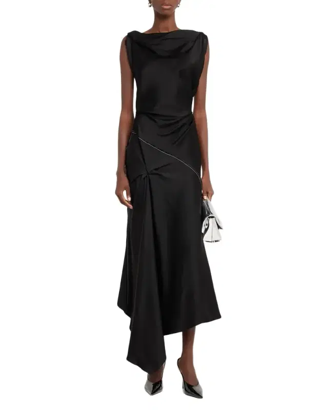 Victoria Beckham Asymmetric Draped Sleeveless Satin Midi Dress