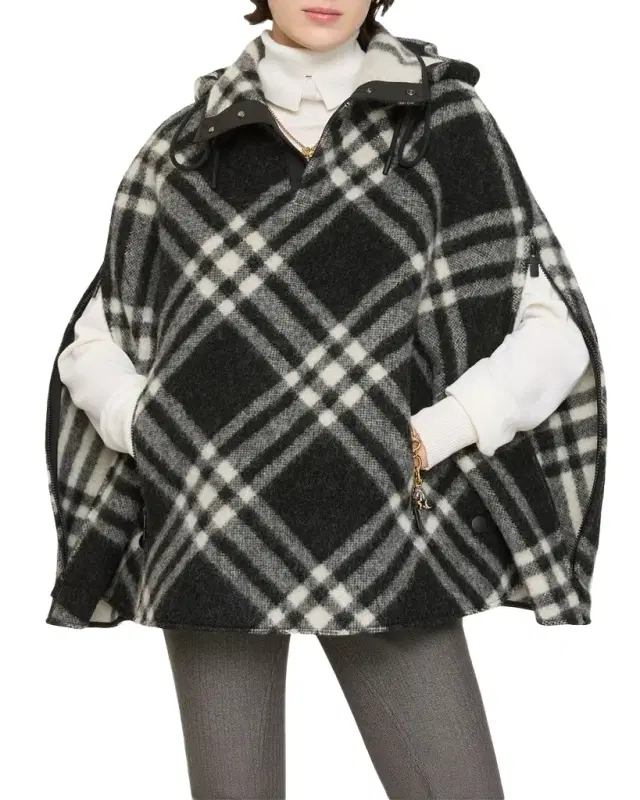 Check Wool Cape Poncho with Hood