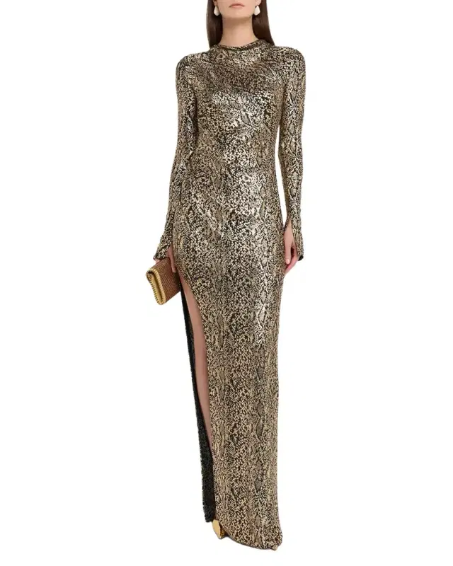 Metallic Snake Ruched Jersey Gown