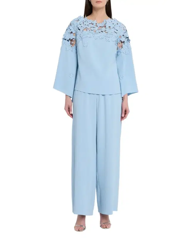 Floral Embroidered Stretch Silk Bell-Sleeve Blouse