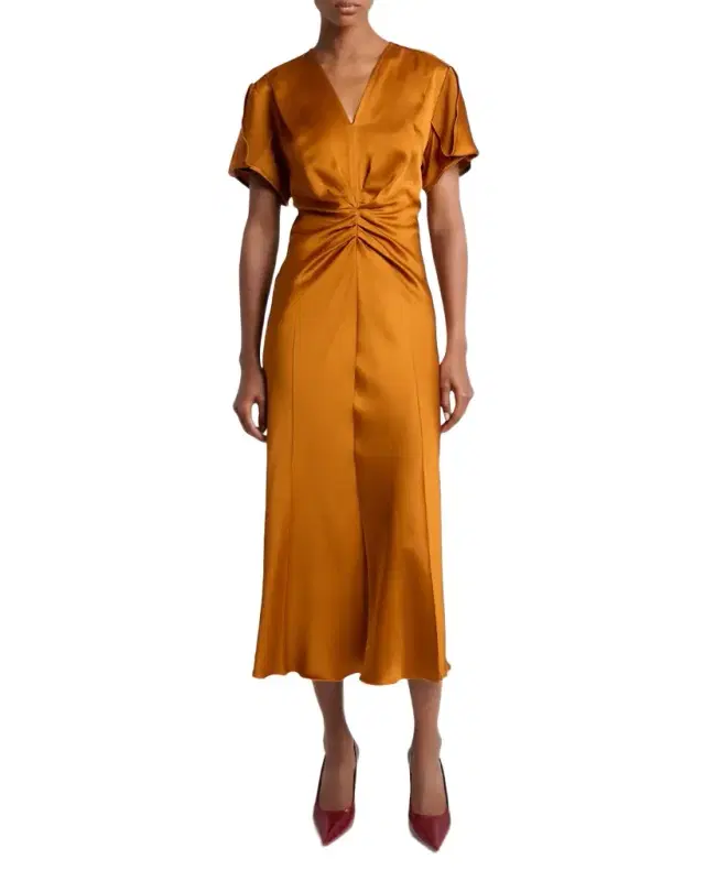 V-Neck Gathered Waist Satin Midi Dress