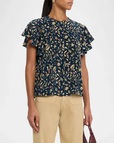 Ulla Johnson Adoni Flutter-Sleeve Batik Silk Top | Thumbnail 3