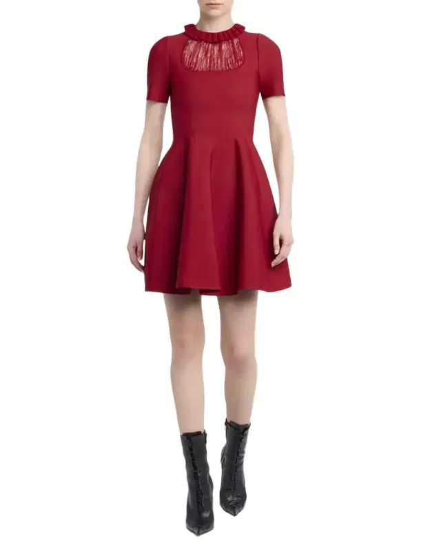 Lace Inset Short-Sleeve Fit-&-Flare Mini Dress