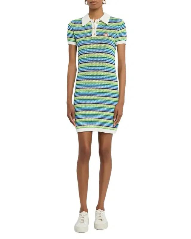 Striped Crochet Short-Sleeve Mini Polo Dress