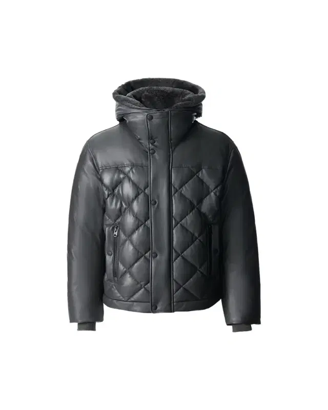 Men's Cash Down Quilted Leather Jacket with Shearling Hood