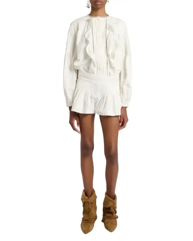 Cubraly Lace-Trim Ruffled Cotton Top